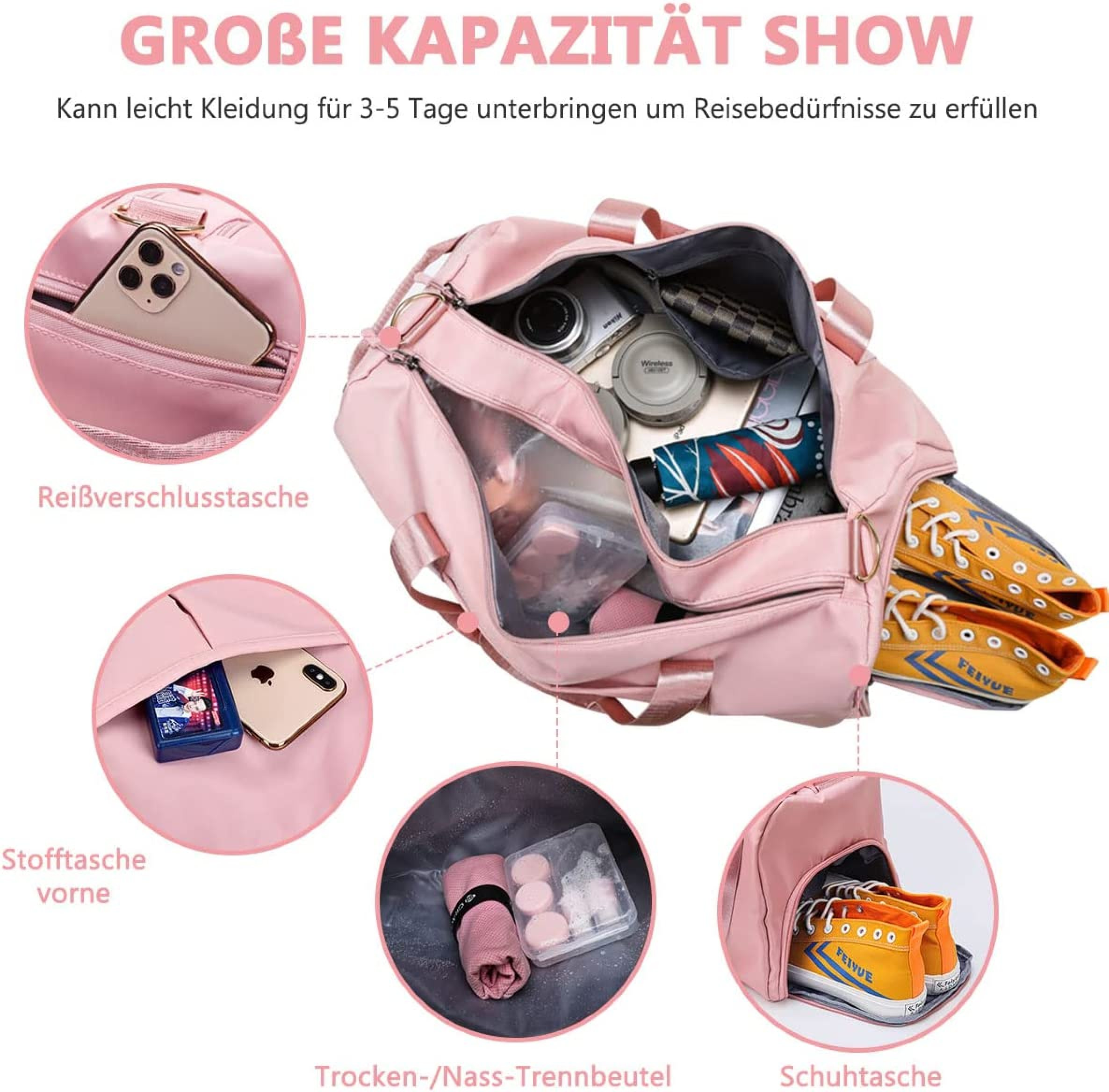 Eine rosa Reisetasche mit viel Stauraum, gefüllt mit Kleidung, Schuhen und Accessoires.