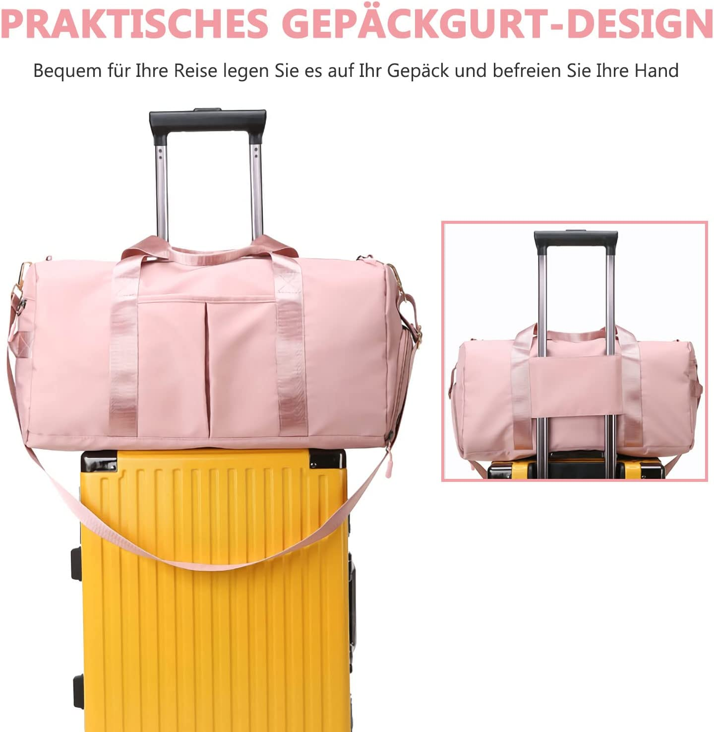 Ein pinker Reisetasche auf einem gelben Koffer mit Rollen.