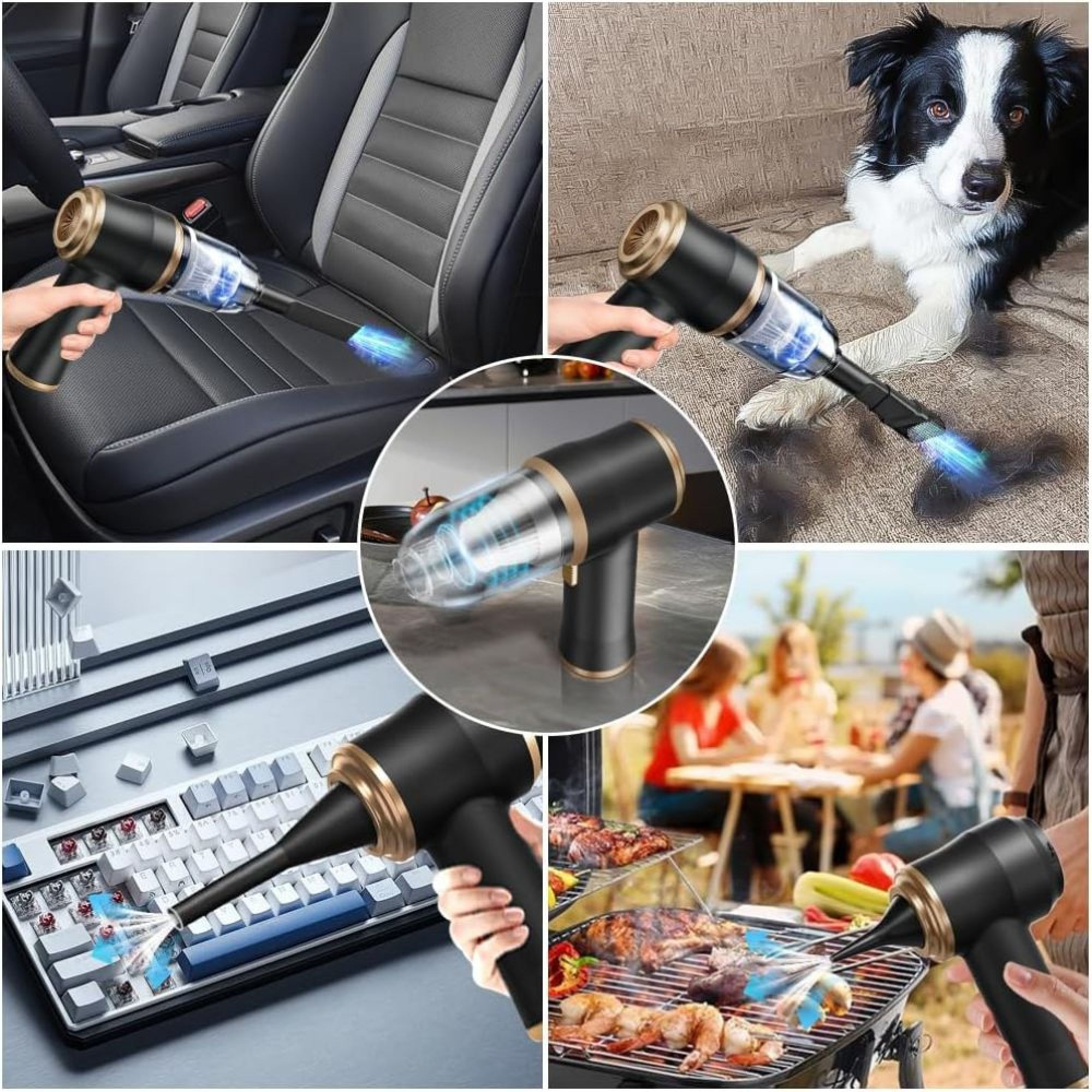 Collage zeigt einen schwarz-goldenen Luftentstauber, der Autositze, einen Hund, eine Tastatur und einen Grill reinigt.
