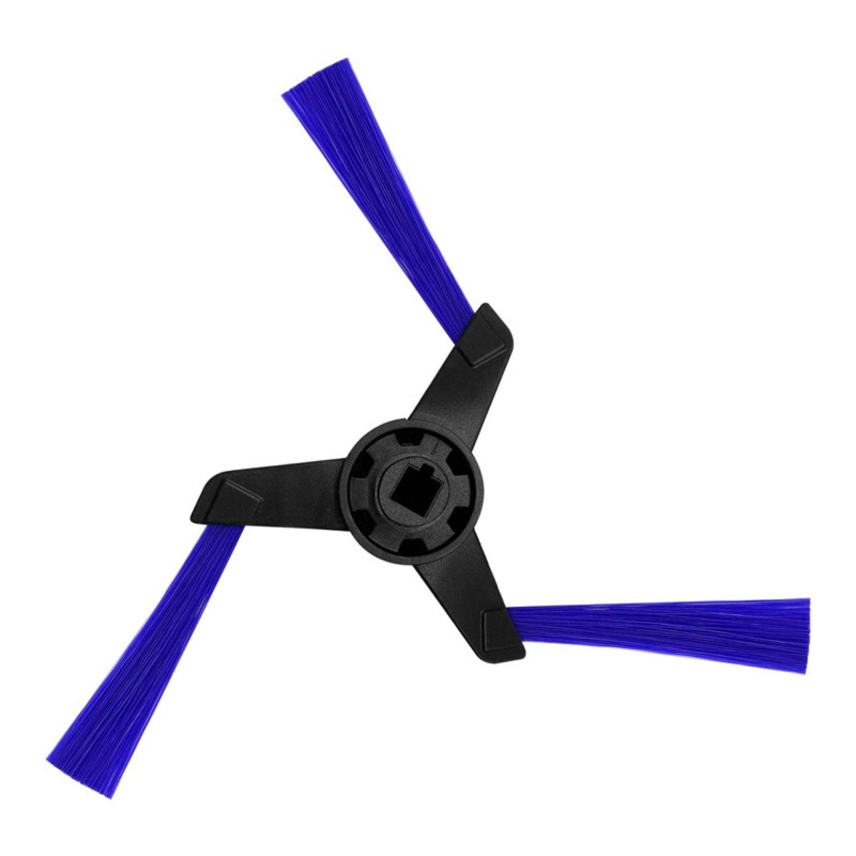 Ein schwarzer Roboterstaubsauger-Seitenbürstenkopf mit drei blauen Borsten.