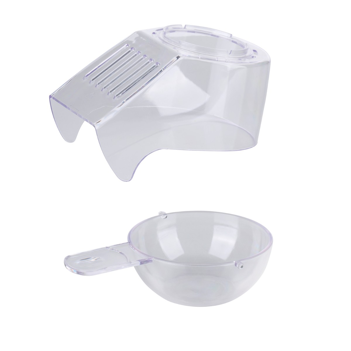 Een doorzichtig plastic deksel en een kom met handvat voor een magnetron popcornmaker.