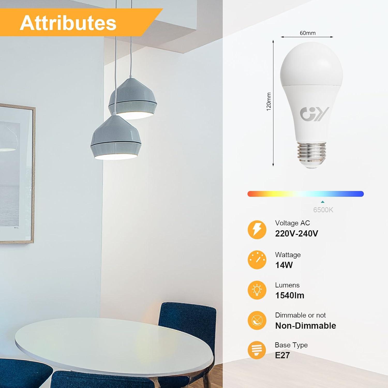 Eine weiße LED-Glühbirne mit Spezifikationen wie 14W, 1540lm, E27 Sockel.