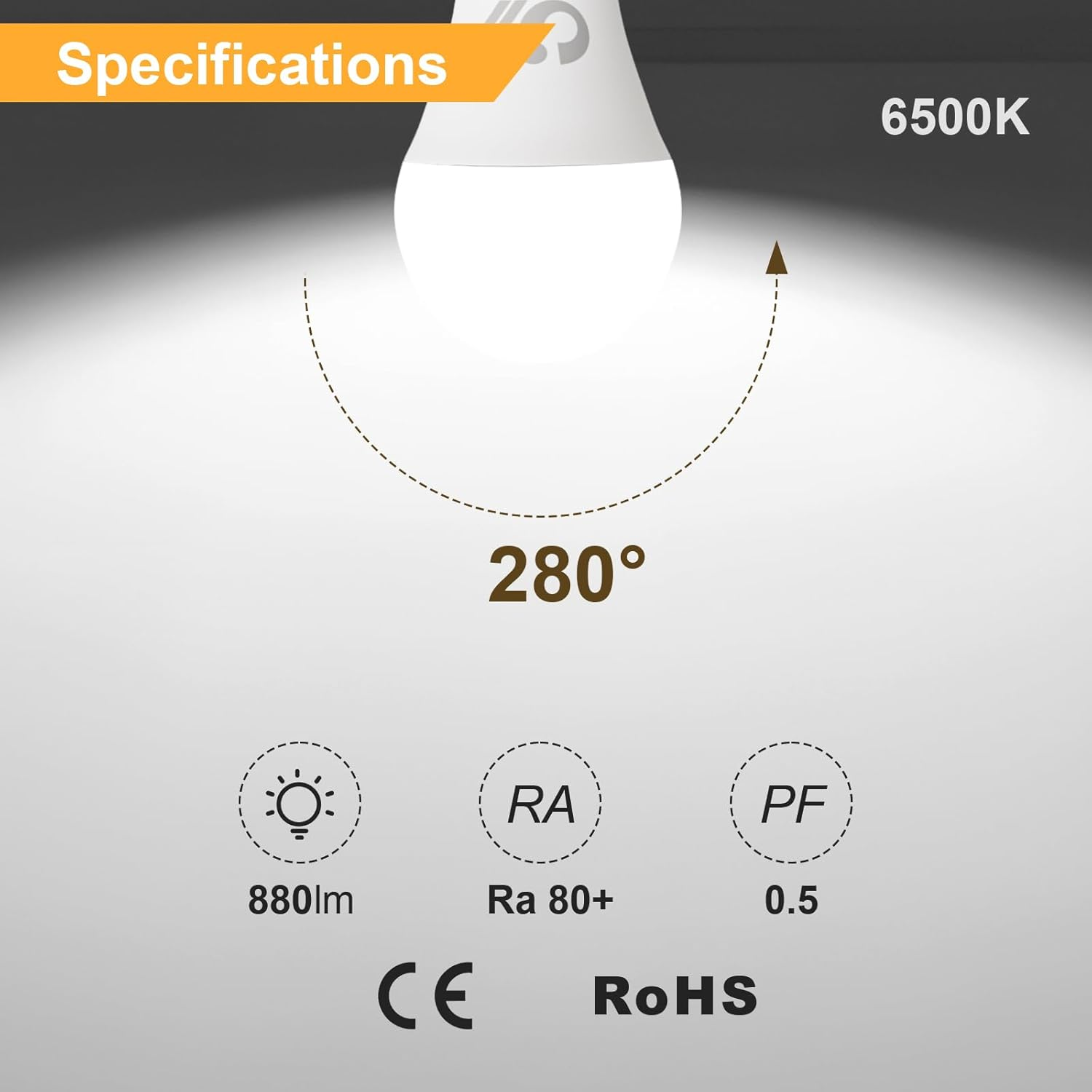 LED-Birne Spezifikationen: 6500K, 280° Abstrahlwinkel, 880lm, Ra 80+, PF 0.5. CE & RoHS.