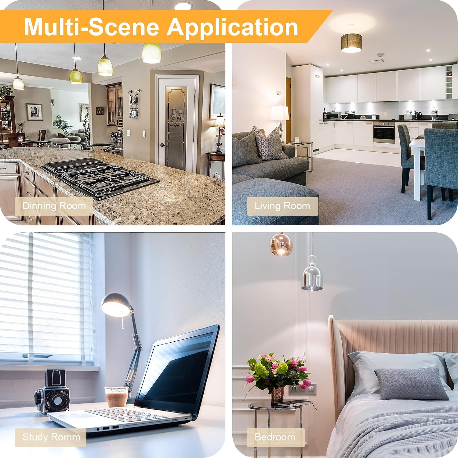 Collage aus vier Räumen: Küche, Wohnzimmer, Arbeitszimmer und Schlafzimmer.