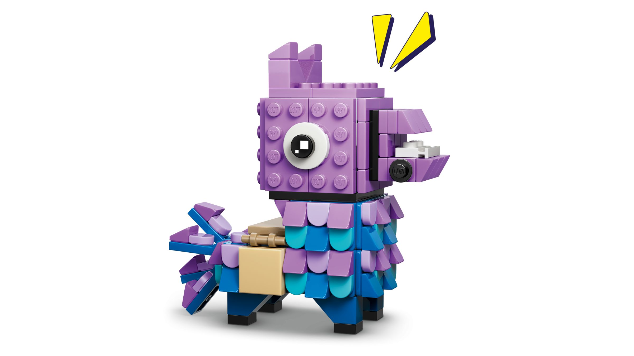 Renkli pullara ve sarı şimşeklere sahip mor bir Lego lama yapısı.