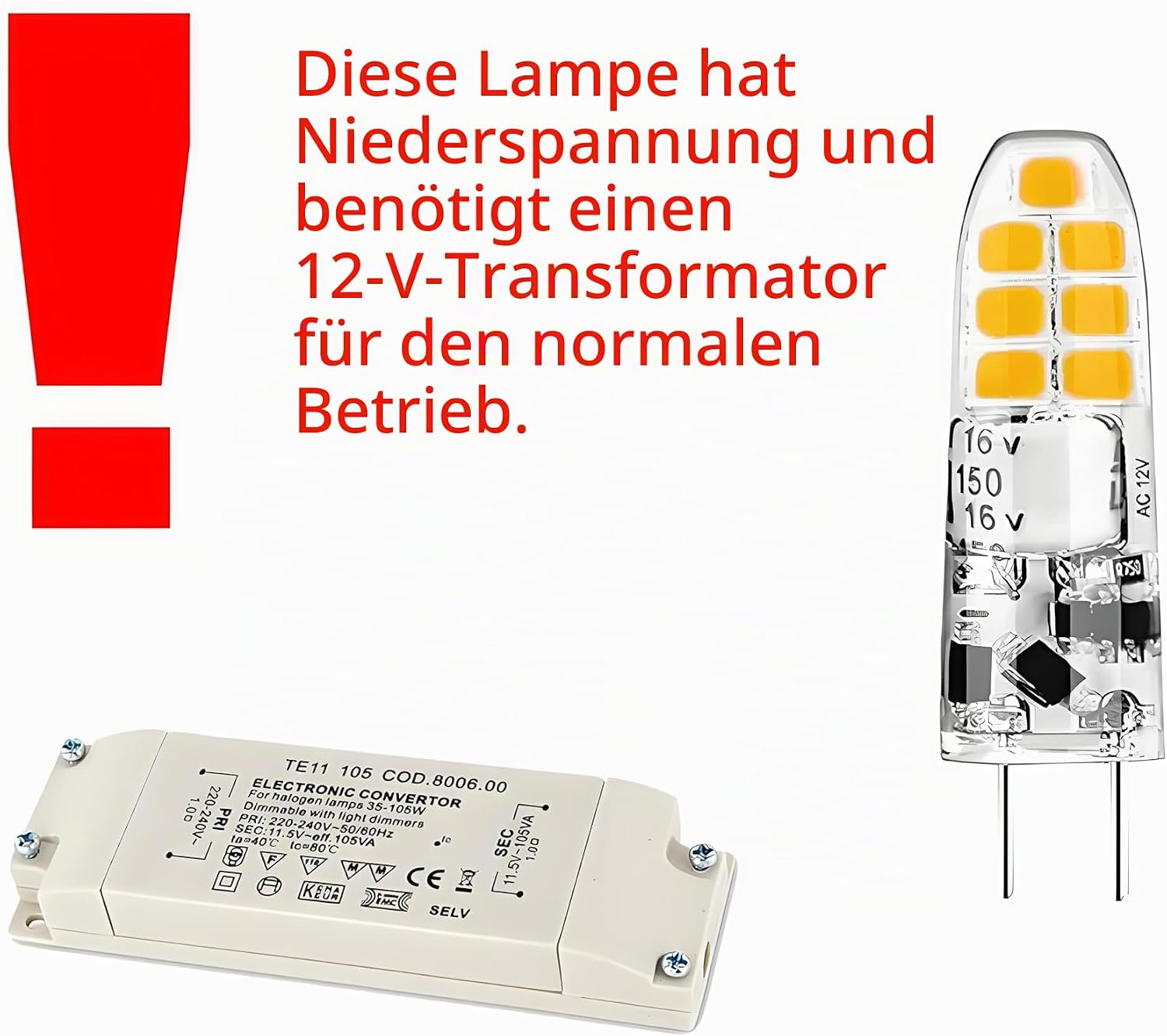 Warnhinweis: Lampe benötigt 12V-Transformator. Enthält 12V-LED und Konverter.