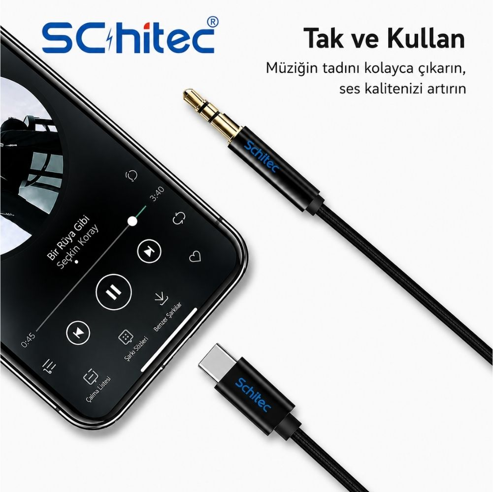 Bir akıllı telefon, kaydırıcılı müzik uygulaması gösteriyor. Yanında 3,5 mm jak ve USB-C konnektörlü kablo var.