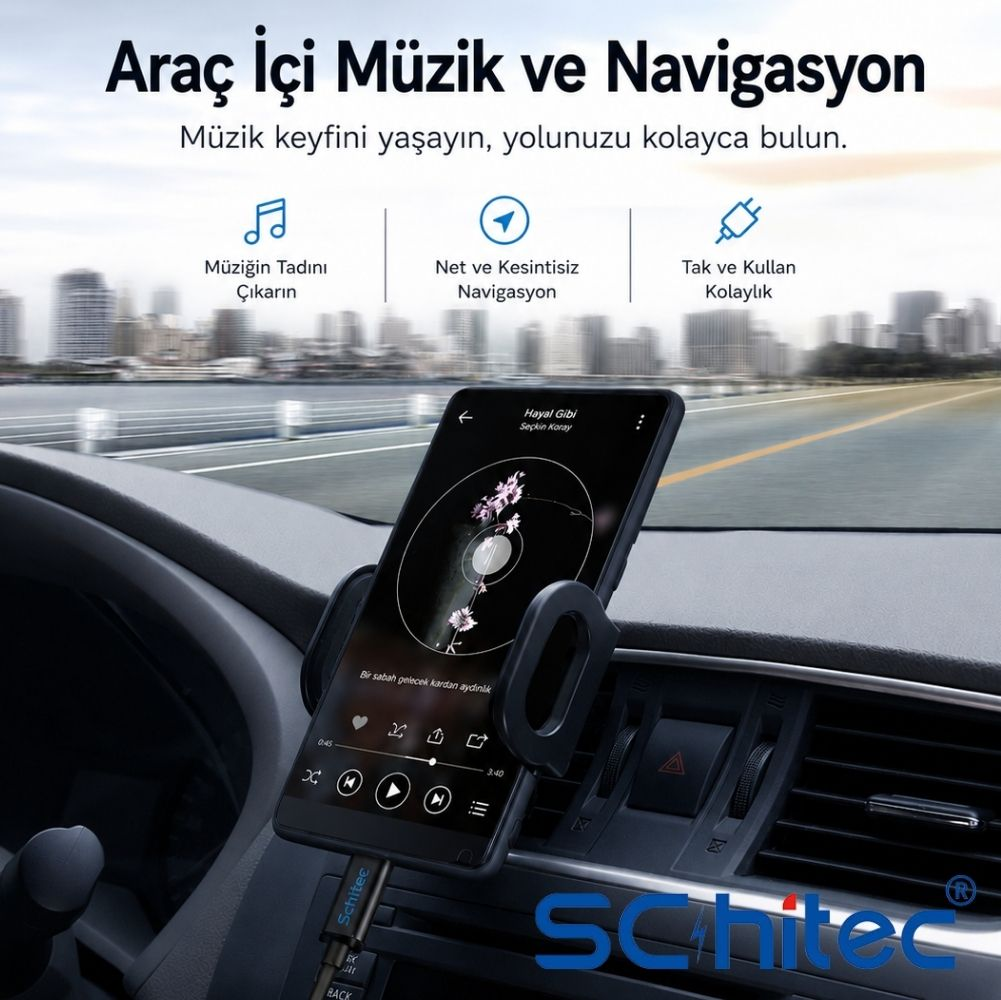 Bir araç tutucusunda müzik çalan bir akıllı telefon, kabloyla bağlı, ön camdan görünen bir şehir manzarasıyla.