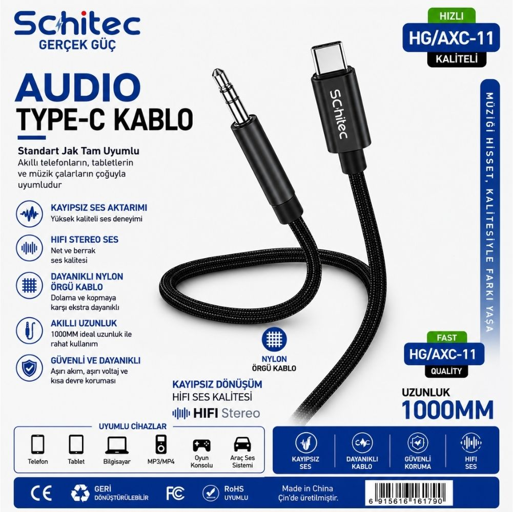 Schitec 1000mm Type-C ses kablosu 3,5mm jaklı, dayanıklı, yüksek kaliteli.