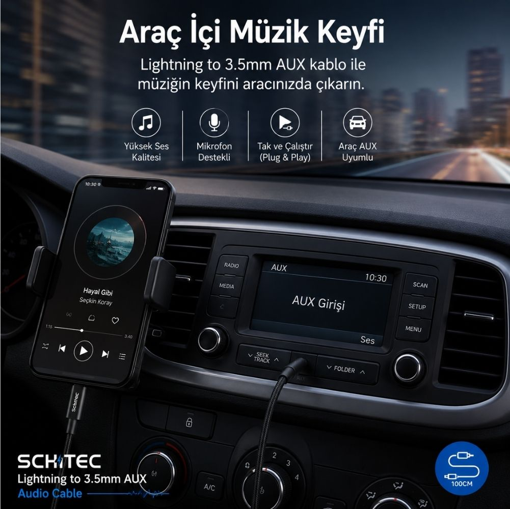Araç tutucusundaki bir akıllı telefon, siyah bir ses kablosuyla aracın AUX girişine bağlı, müzik çaları gösteriyor.