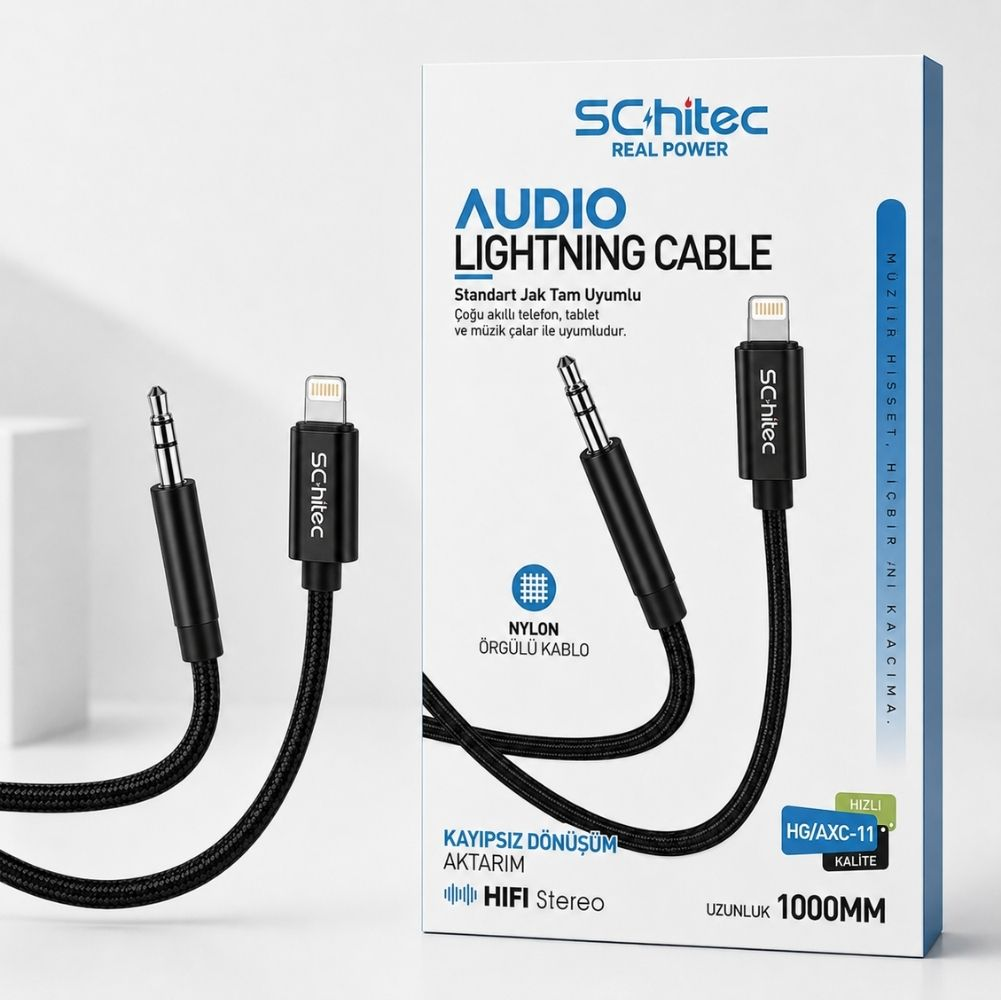3,5 mm ve Lightning konnektörlü iki siyah Schitec Lightning ses kablosu.