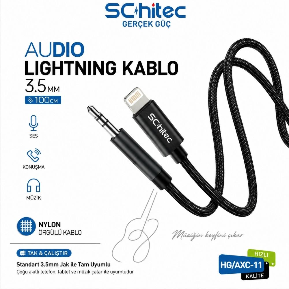 Siyah 3,5 mm jak ve lightning konnektörlü, 100 cm uzunluğunda ses lightning kablosu.