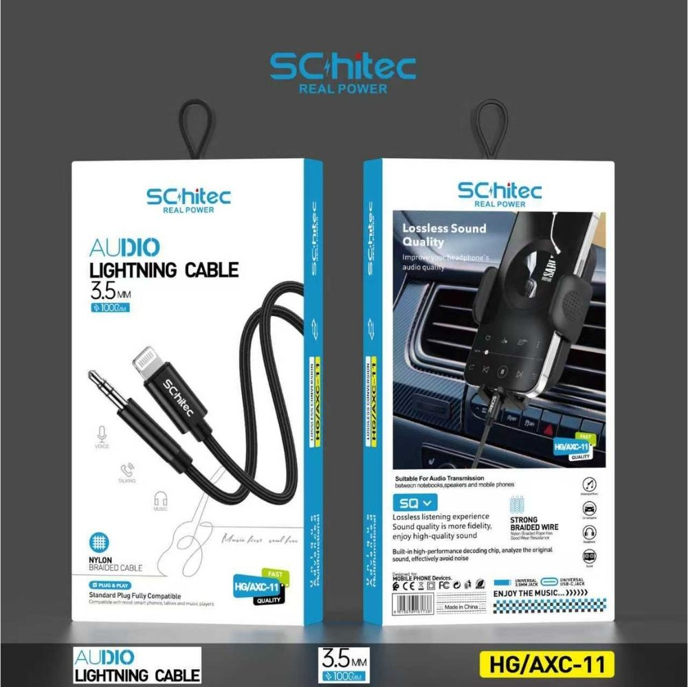 Schitech sesli yıldırım kablosu, siyah, 3,5 mm jaklı ve güçlü örgülü kablolu.
