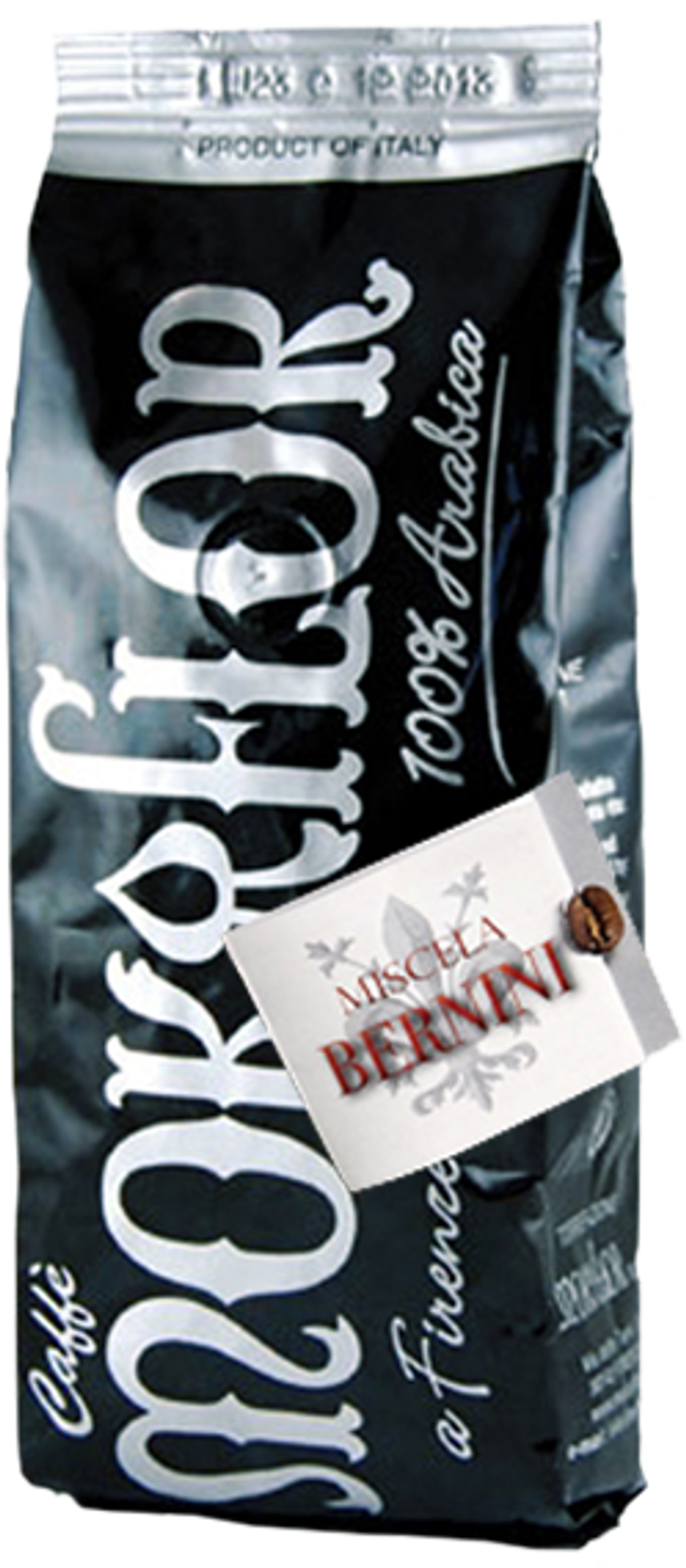 Eine schwarze Kaffeetüte von Mokaflor, Produkt aus Italien, mit einem Aufkleber für Miscela Bernini.