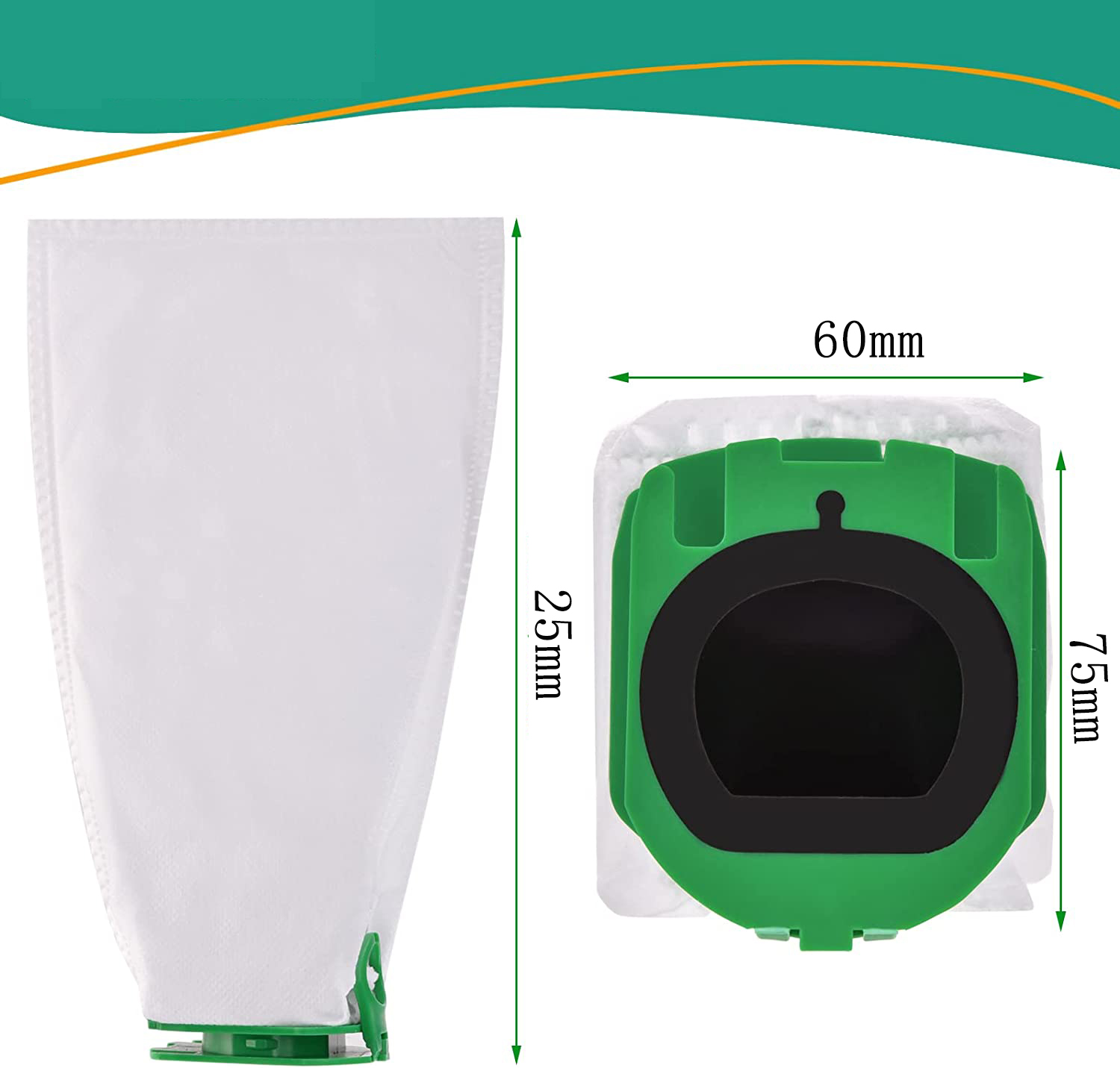 Zwei grüne und weiße Staubsaugerfilterbeutel, einer mit den Maßen 25mm, der andere 60mm mal 75mm.