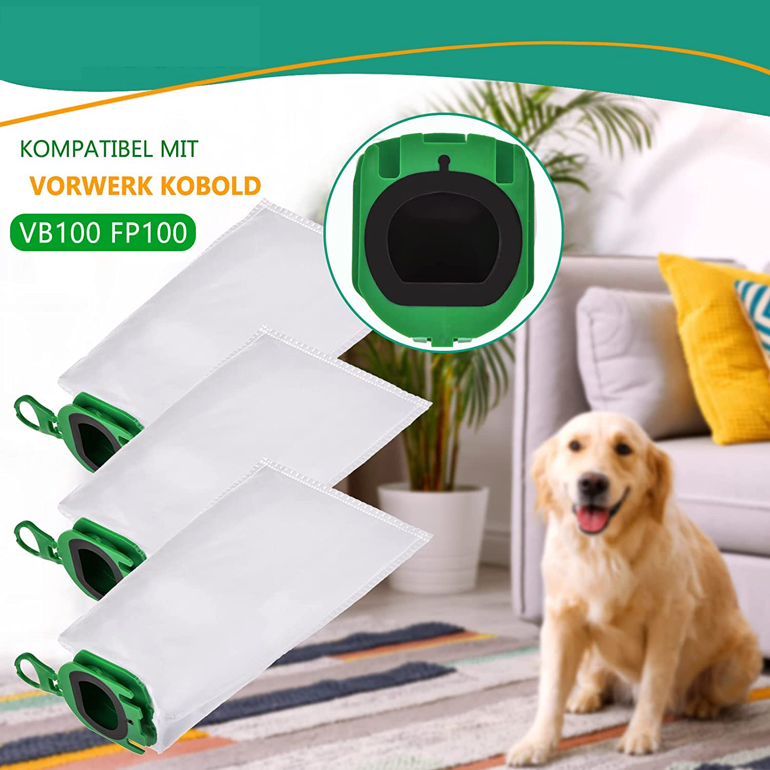 Drei weiße Staubsaugerbeutel mit grünen Anschlüssen liegen auf einem Teppich. Ein Hund sitzt daneben.