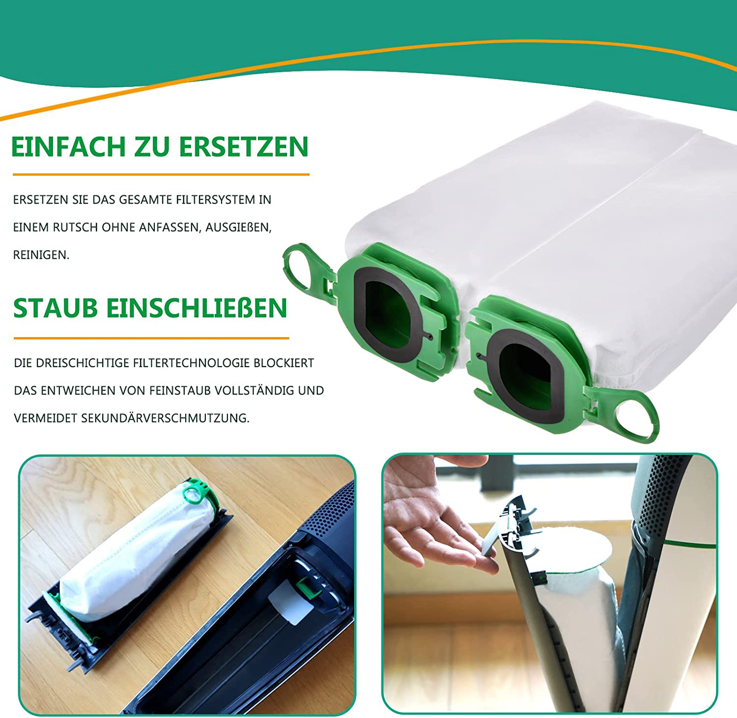 Zwei weiße Staubbeutel mit grünen Anschlüssen, eine Hand setzt einen Beutel ein.