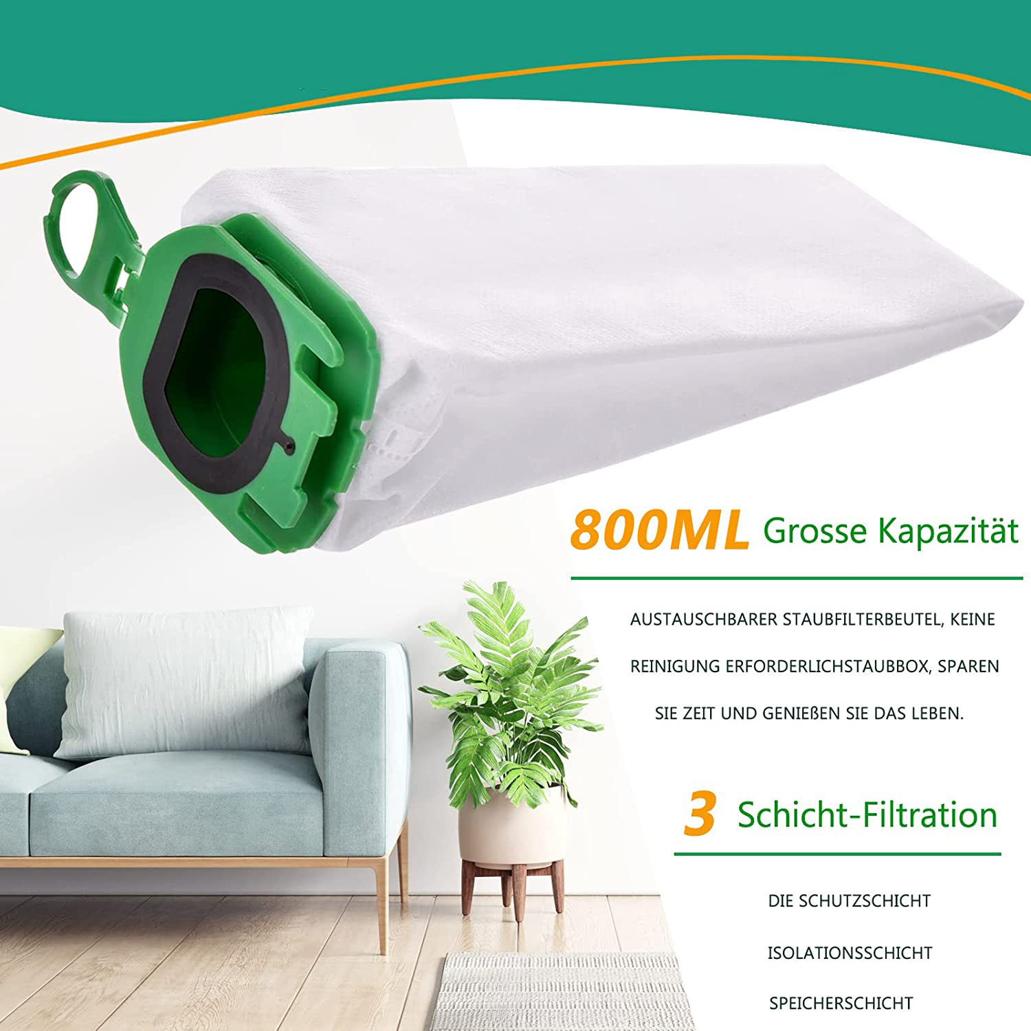 Ein weißer Staubbeutel mit grünem Anschluss auf einem Sofa.