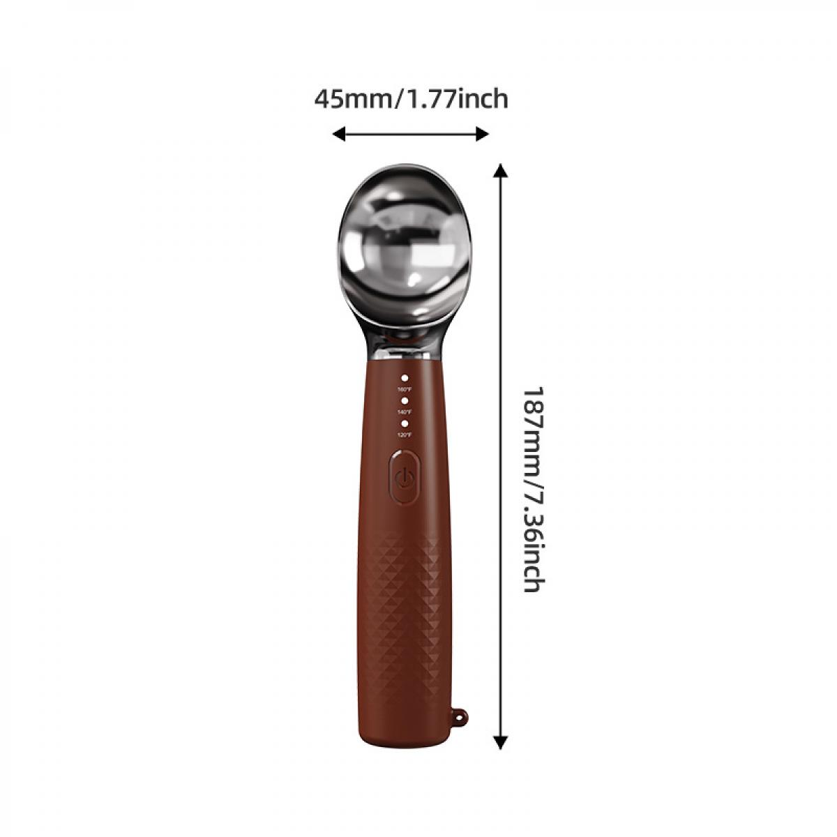Brauner Eisportionierer mit silberner Schaufel, Ein-/Aus-Taste und Temperatureinstellungen.