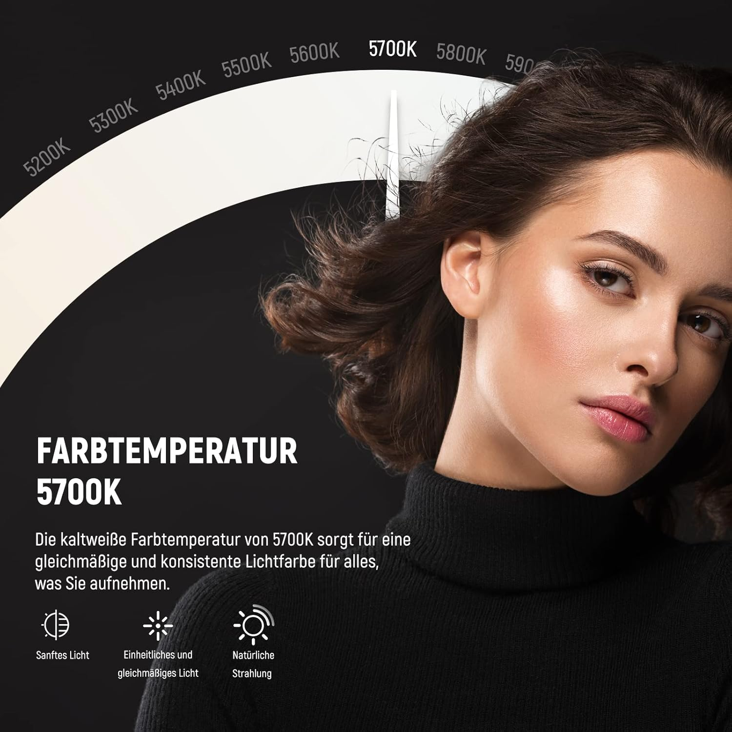 Porträt einer Frau mit Text über Farbtemperatur 5700K.