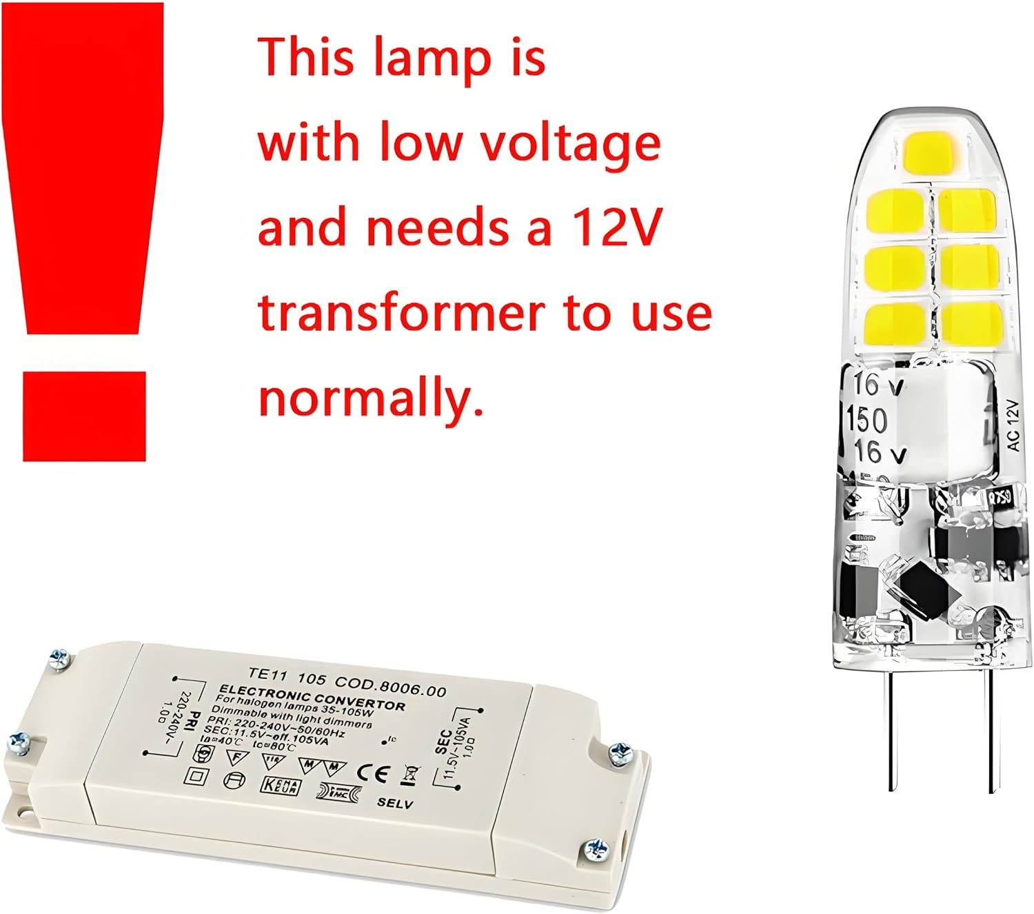 Ein 12V-Transformator und eine LED-Lampe.