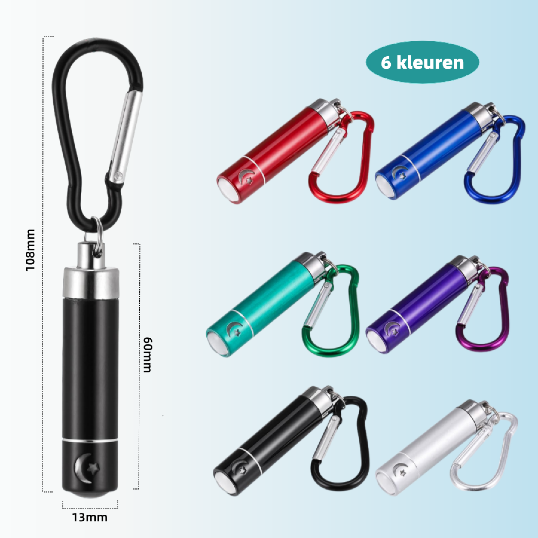 Eine schwarze zylindrische Taschenlampe mit Halbmond- und Sternlogo und einem schwarzen Karabinerhaken, mit Größenangaben 108mm, 60mm und 13mm. Sechs bunte Taschenlampen mit Karabinerhaken sind auf blauem Hintergrund abgebildet.