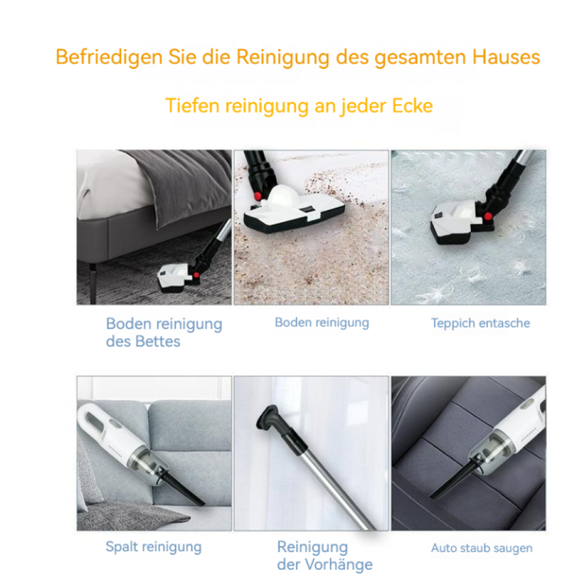 Collage der Staubsaugeranwendung: Bett, Boden, Teppich, Sofa, Vorhänge, Autoinnenraum.