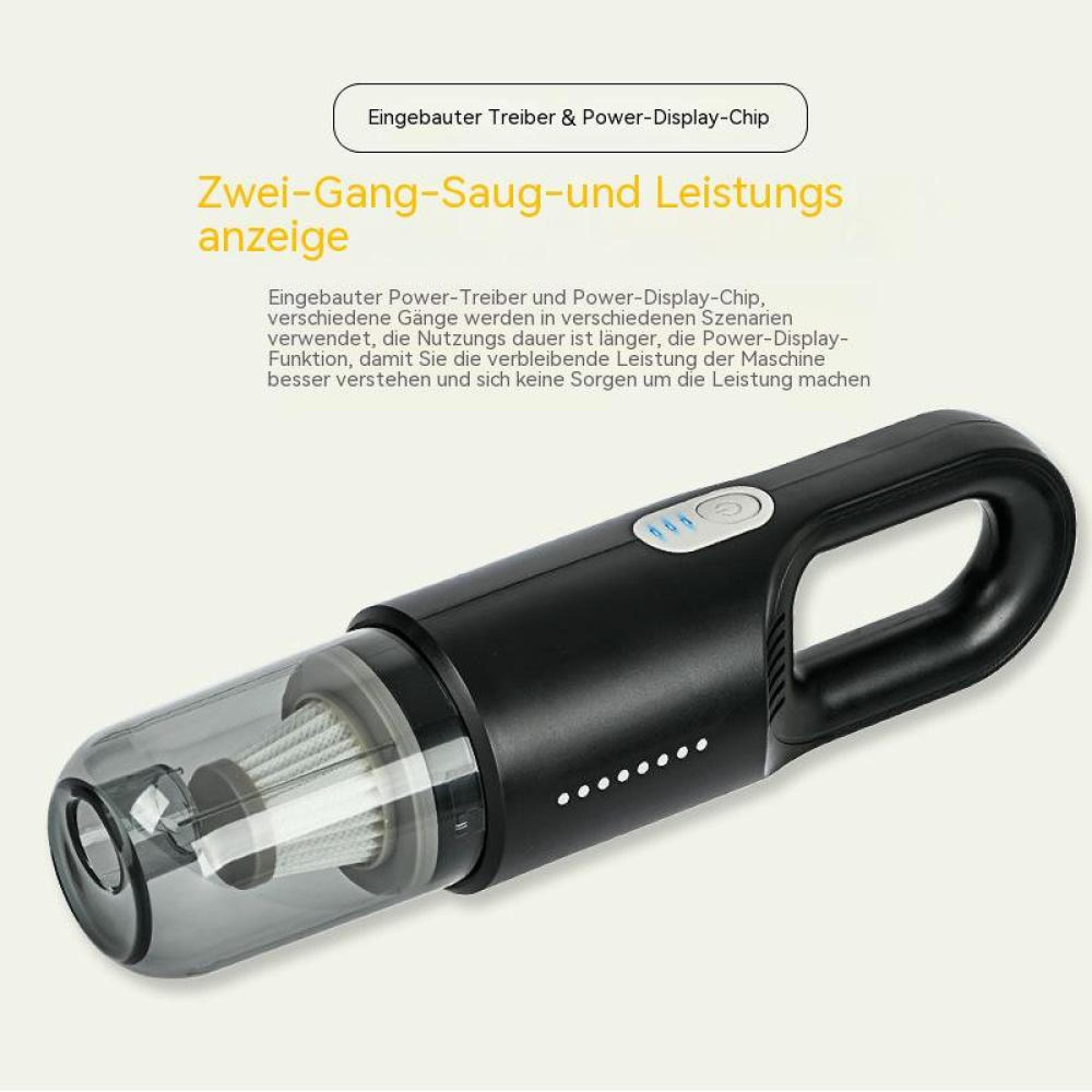 Schwarzer Handstaubsauger mit transparentem Behälter und LED-Anzeige.