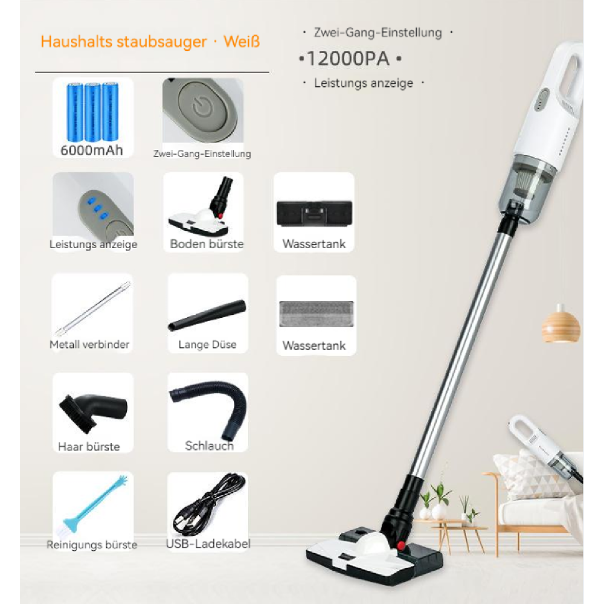 Ein weißer Haushaltsstaubsauger mit Zubehör: Akkus, Bürsten, Schlauch, Kabel und Tanks.
