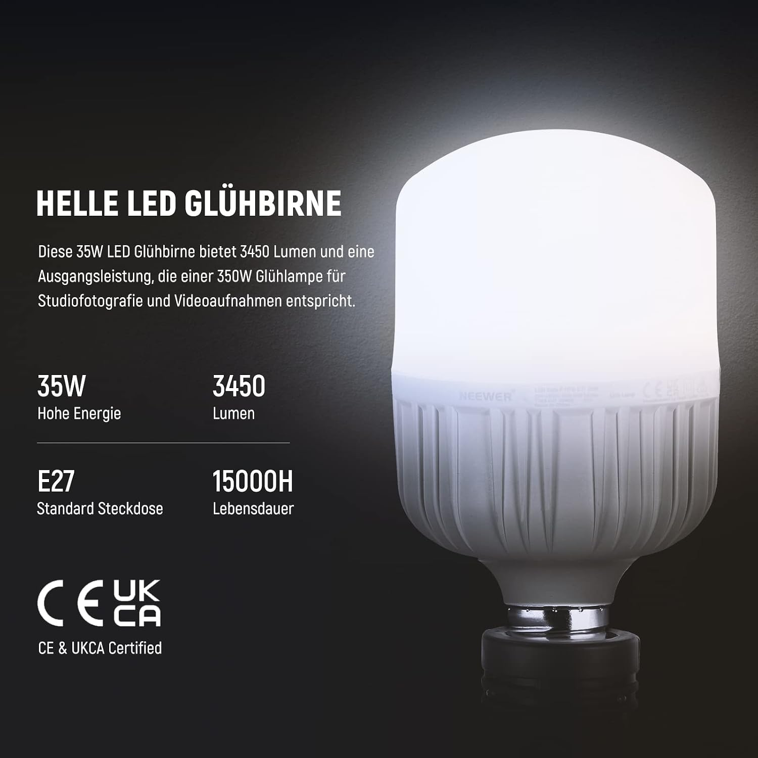 Eine helle 35W LED-Glühbirne mit E27-Sockel, 3450 Lumen, 15000h Lebensdauer.