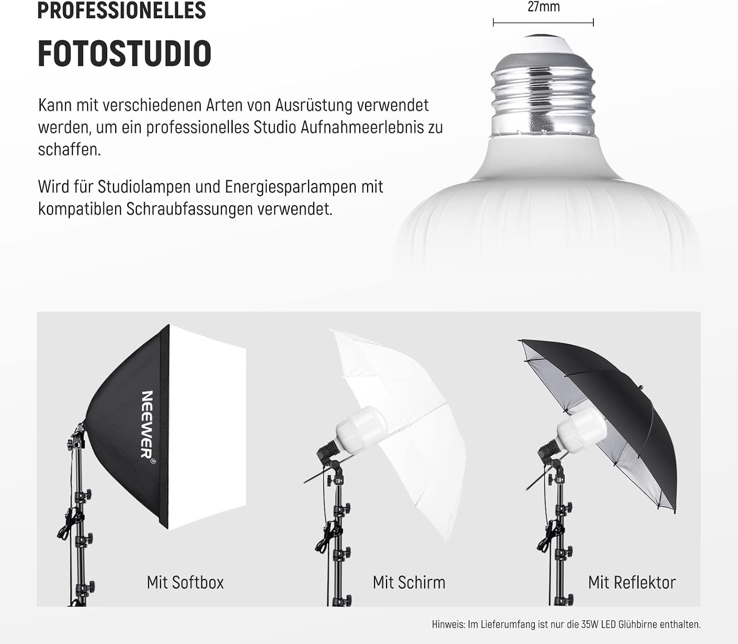 Professionelles Fotostudio mit Softbox, Schirm und Reflektor.
