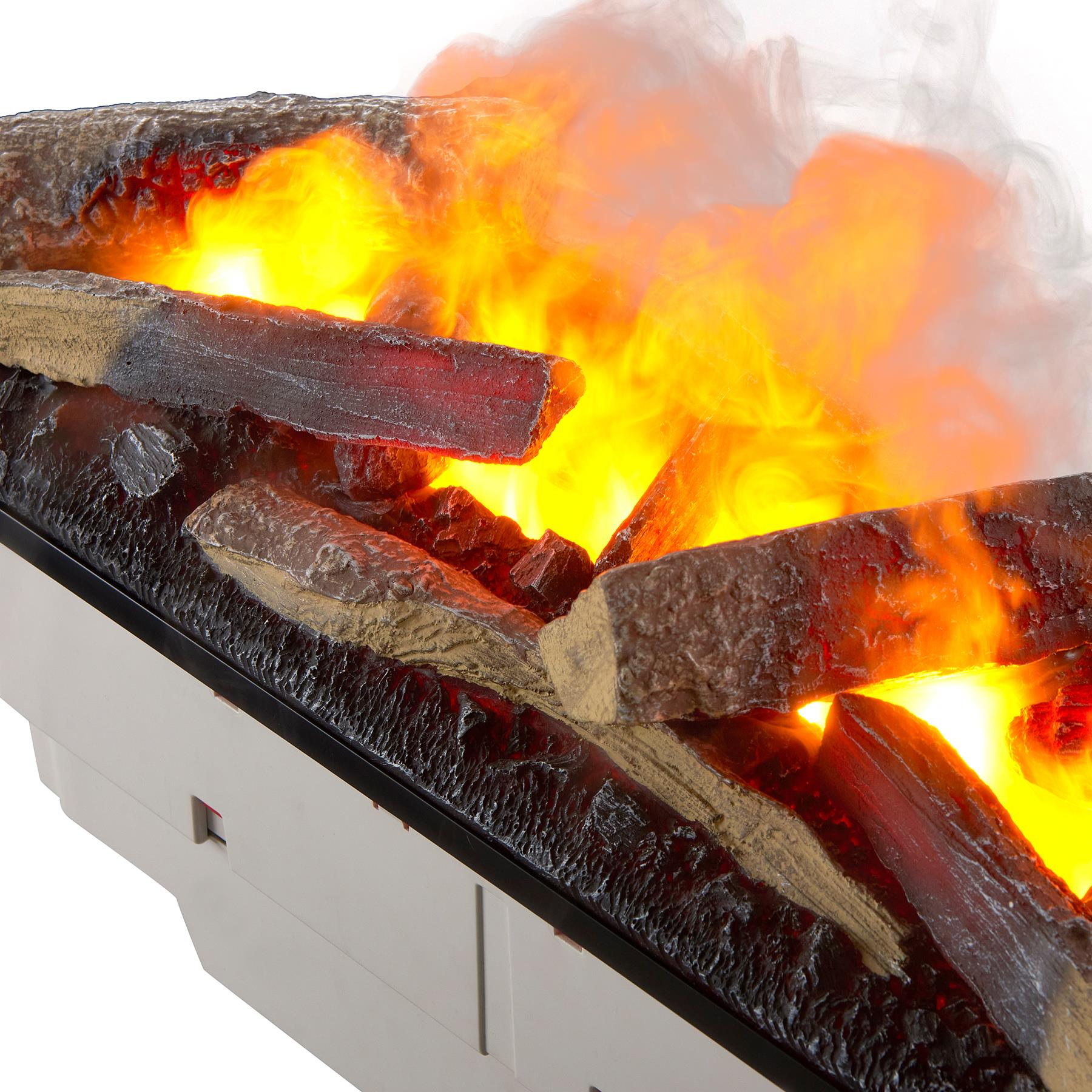 Künstliche Holzscheite mit lebensechten Flammen und Rauch für ein Kaminfeuer.