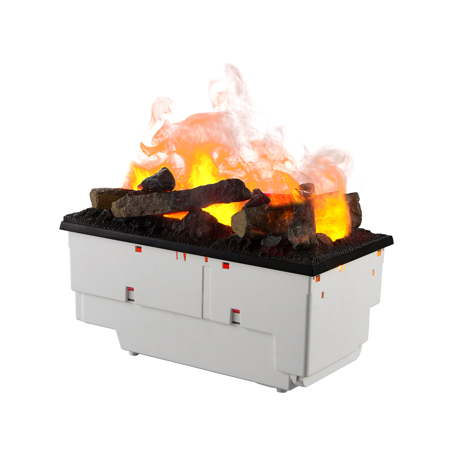 Ein weißer Kasten mit realistisch aussehenden Flammen und Holzscheiten, der Rauch aufsteigen lässt.
