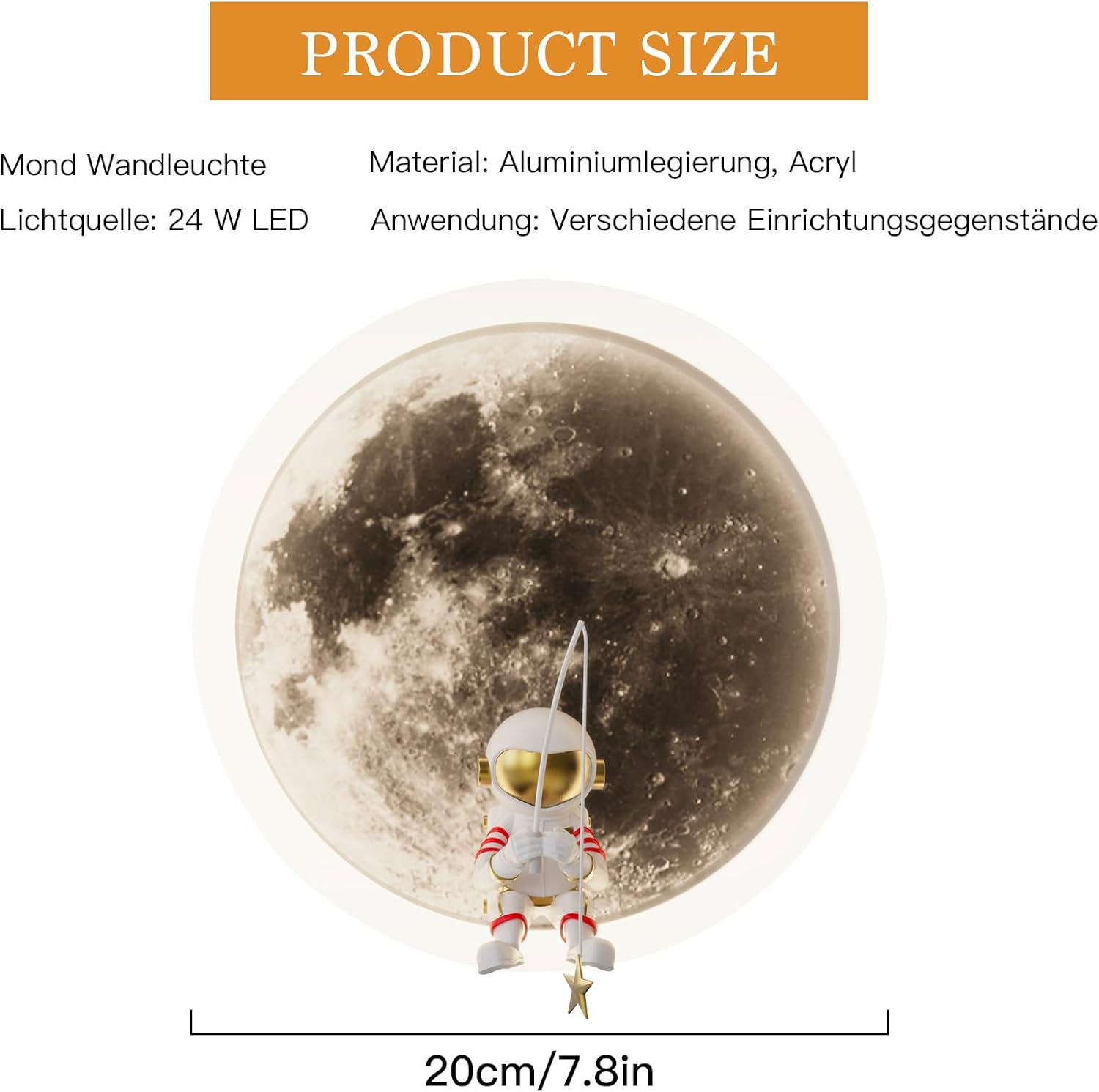Ein Astronaut hängt an einem Seil vor einem Mond mit einer Stern-Lampe.