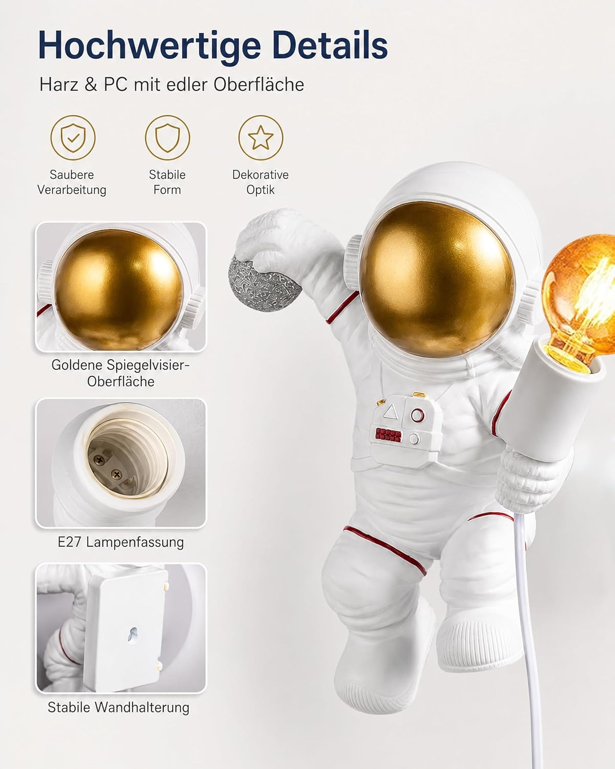 Ein Astronaut mit goldenem Visier hält eine Glühbirne und einen Stein.