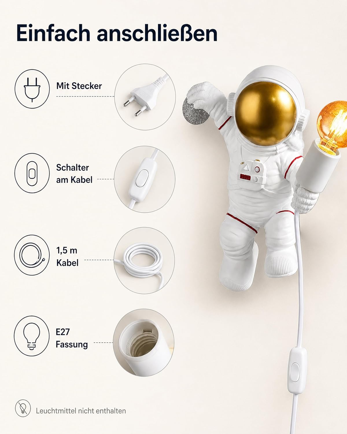 Ein Astronaut mit goldenem Helm hält eine Glühbirne. Details zeigen Stecker, Schalter, Kabel und Fassung.