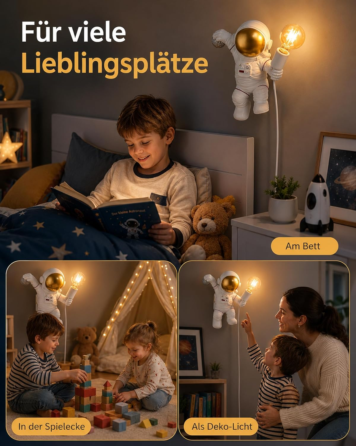 Astronautenlampe als Deko: Kind liest, Kinder spielen, Mutter mit Kind.