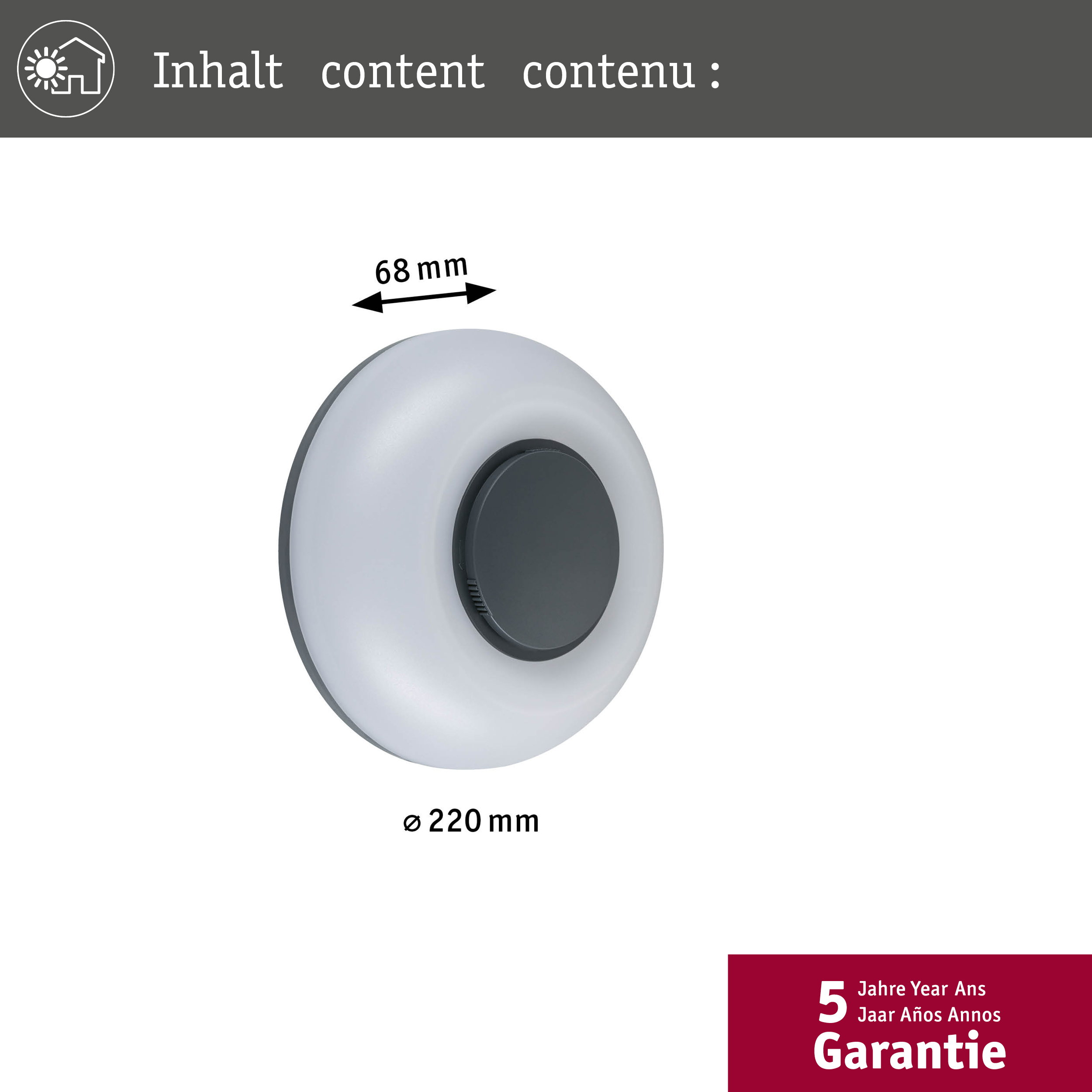 Eine runde Lampe mit grauer Mitte, 68mm und 220mm Durchmesser.