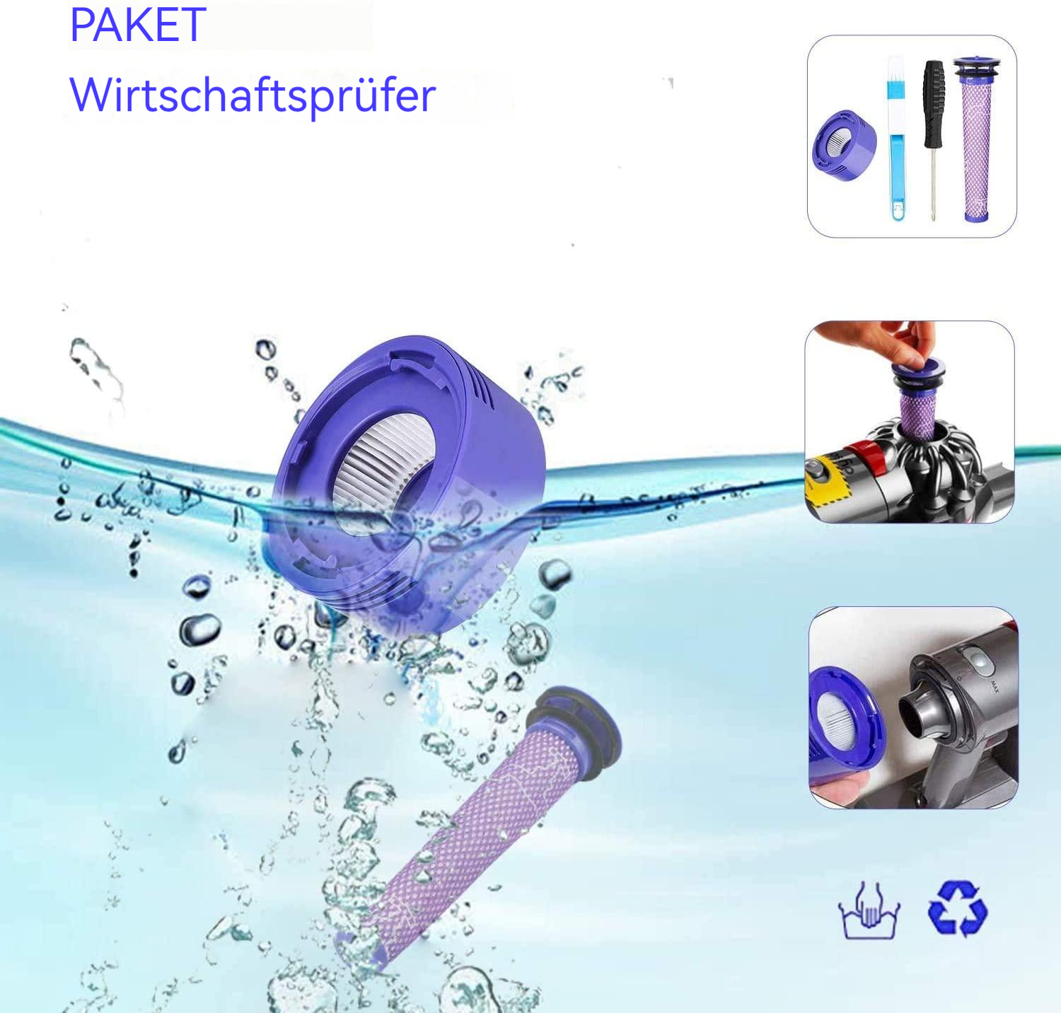 Ein violetter Staubsaugerfilter wird unter Wasser gezeigt, mit Zubehör und Staubsaugerteilen.
