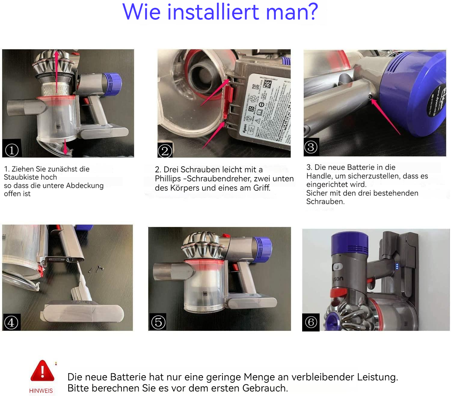 Schritt-für-Schritt-Anleitung zur Installation einer Staubsaugerbatterie.