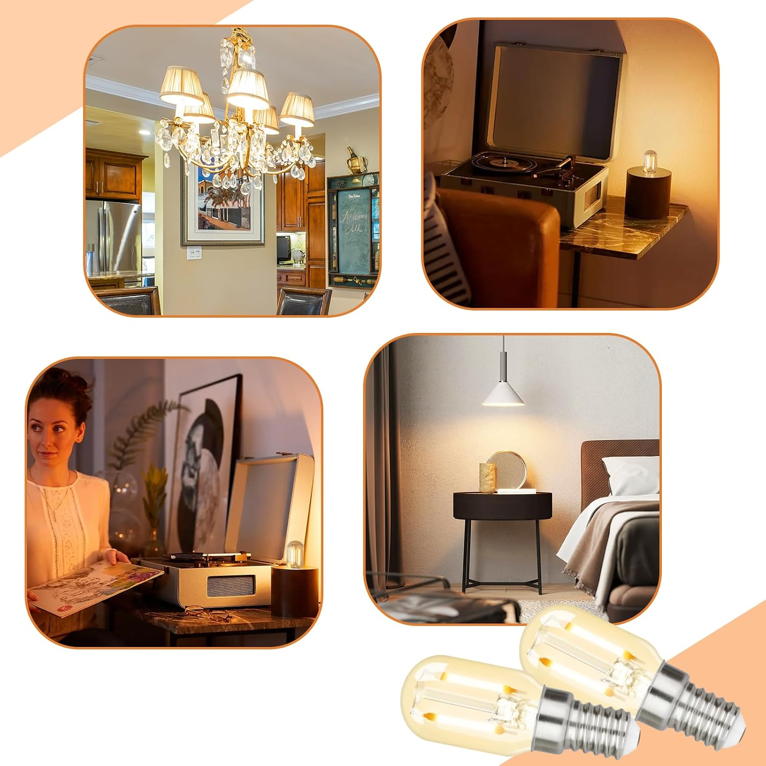 Collage mit Kronleuchter, Plattenspieler, Frau mit Schallplatte und Glühbirnen.