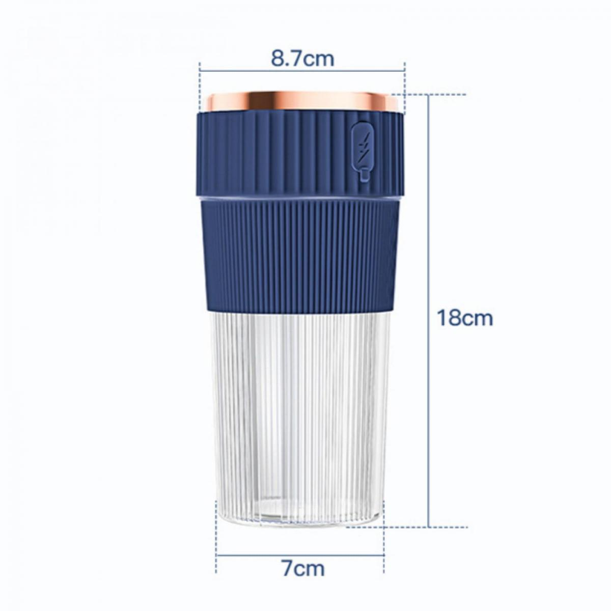 Ein blauer Mixerbecher mit Maßen: 18 cm hoch, 8,7 cm breit, 7 cm tief.