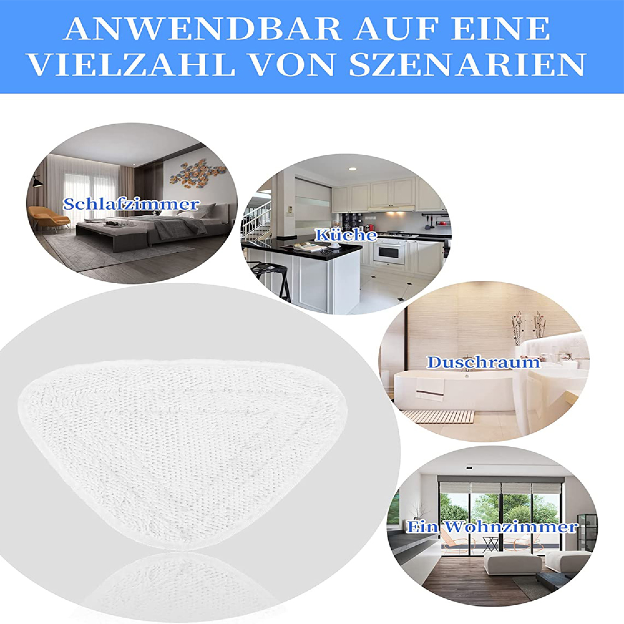 Ein weißes Dreieckstuch vor Bildern von Schlafzimmer, Küche, Bad, Wohnzimmer.