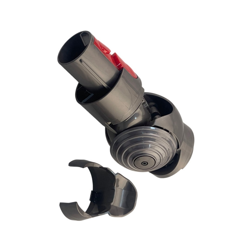 Graues Dyson-Vakuumteil mit roten Akzenten und einer separaten Halterung.
