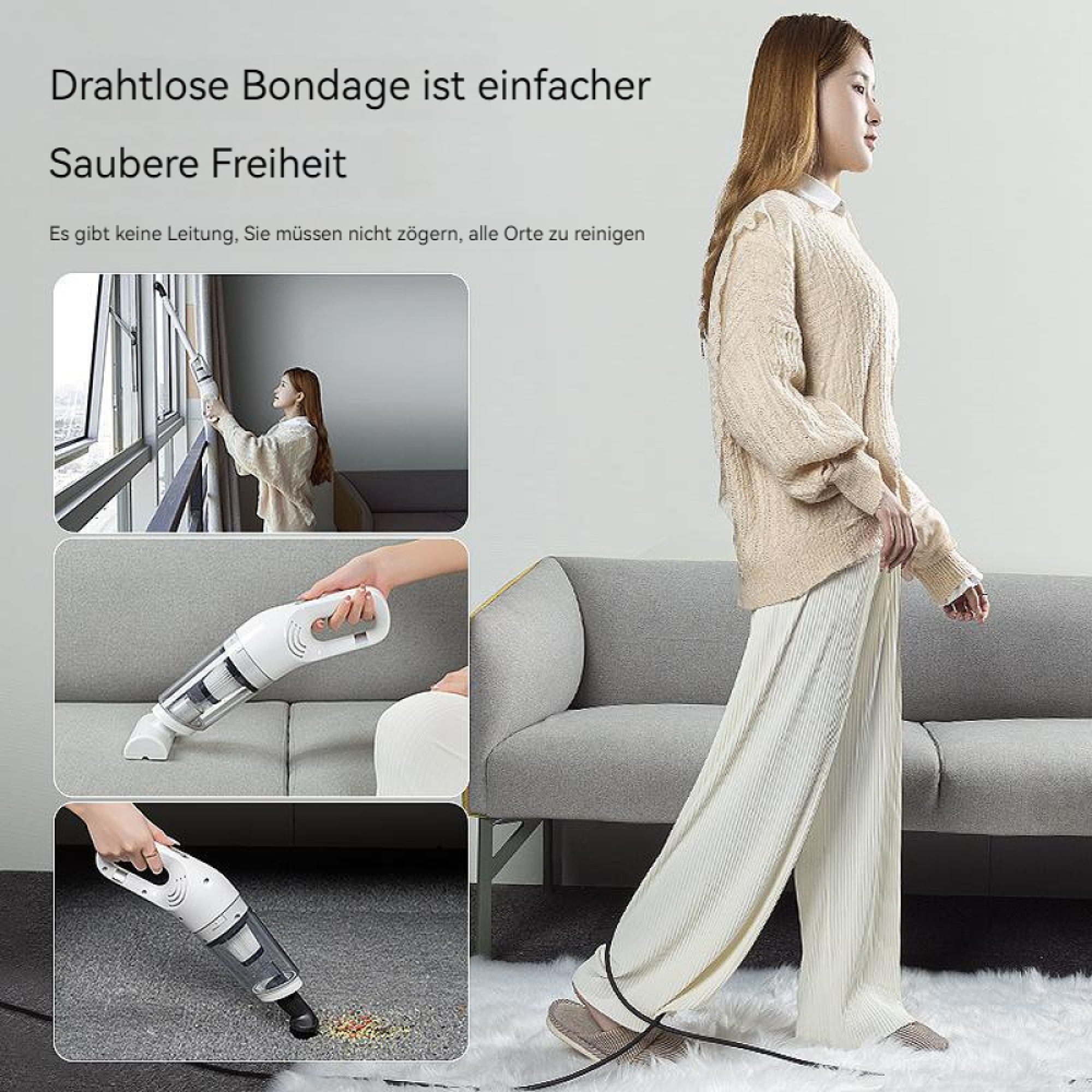 Eine Frau reinigt Fenster und Teppich mit einem kabellosen Staubsauger.