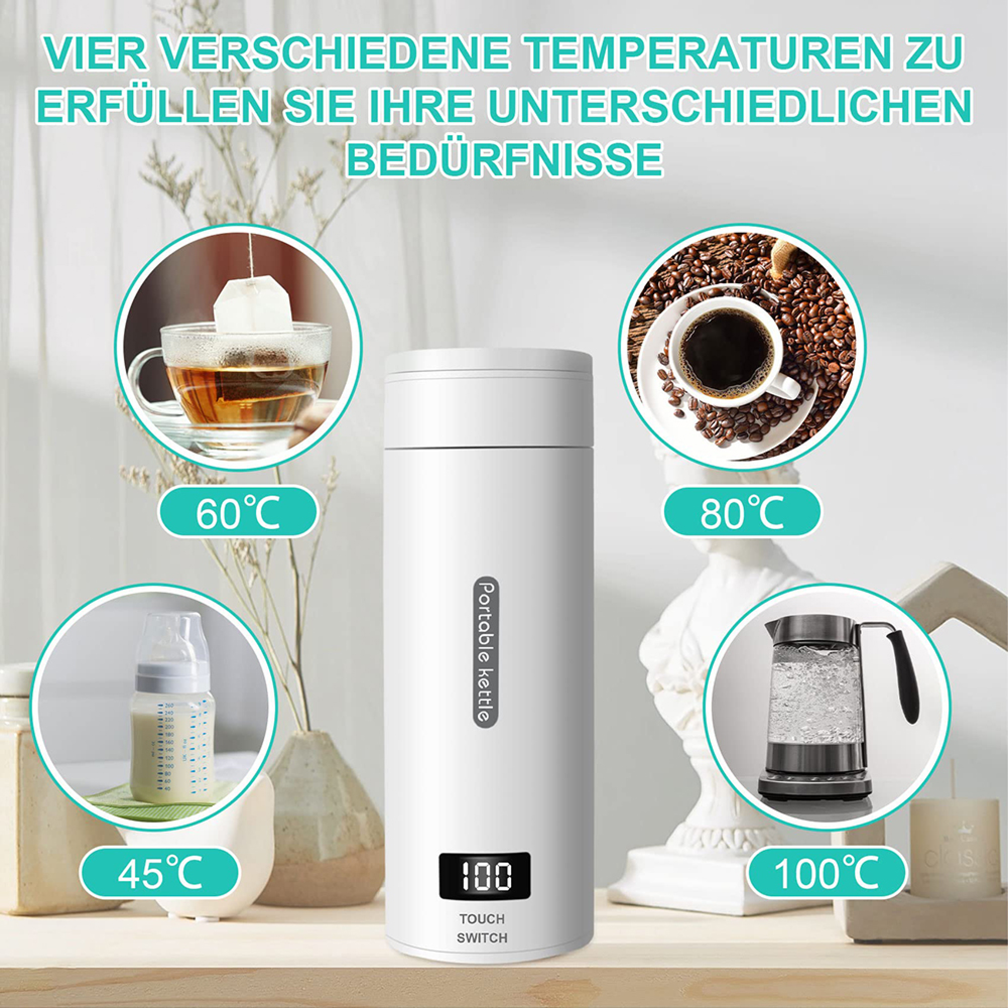 Tragbarer Wasserkocher mit 4 Temperaturanzeigen: Tee (60°C), Kaffee (80°C), Babyflasche (45°C), kochend (100°C).