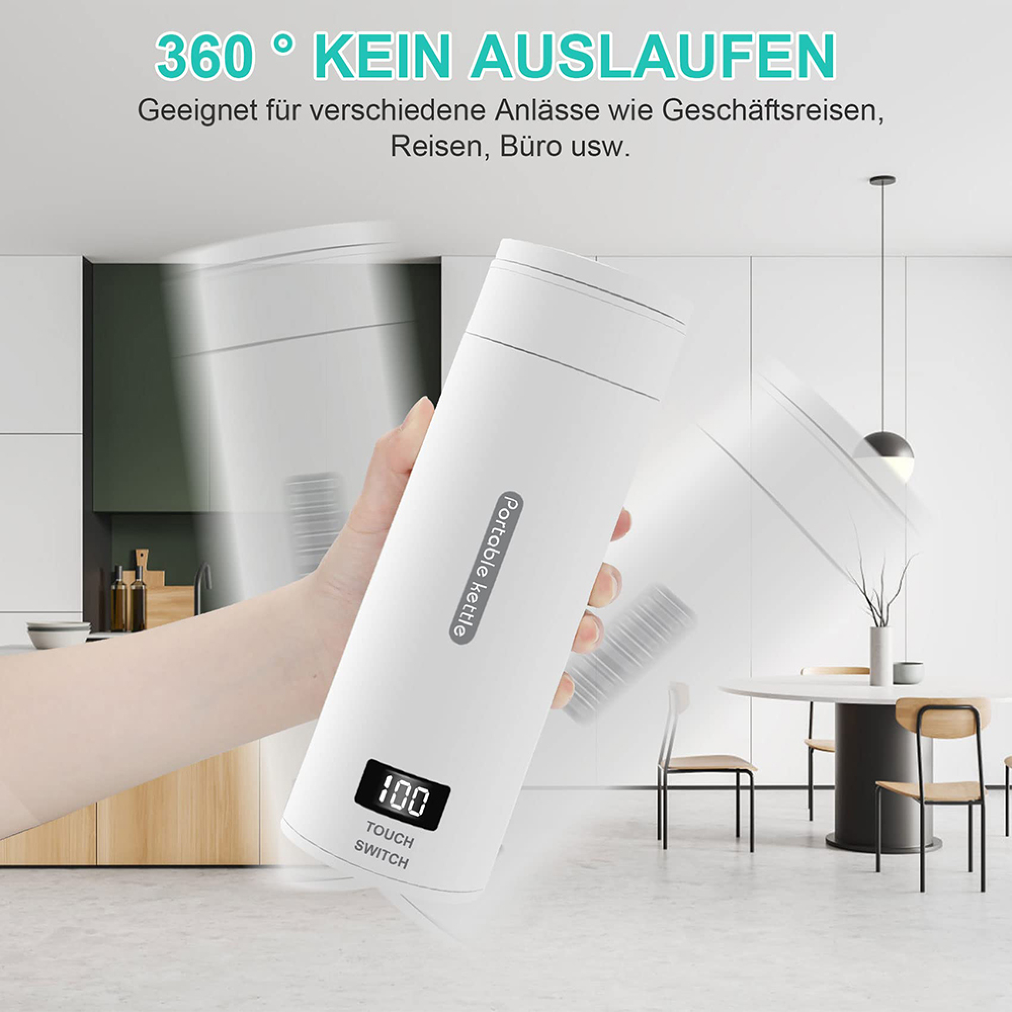 Weiße tragbare Teekanne mit digitaler Anzeige in einem modernen Kücheninterieur.