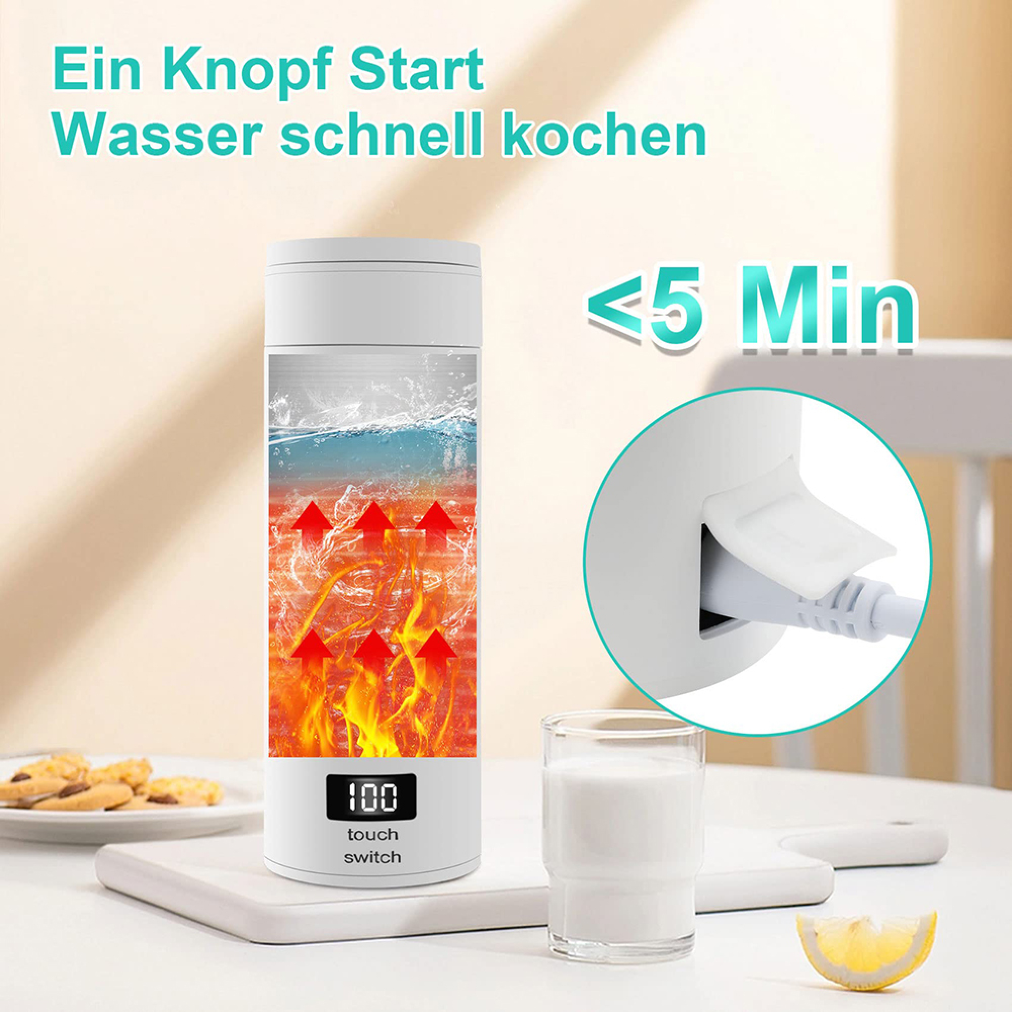 Ein weißer tragbarer Wasserkocher auf einem Tisch, der eine Animation von erhitztem Wasser zeigt, neben einem Glas Milch.
