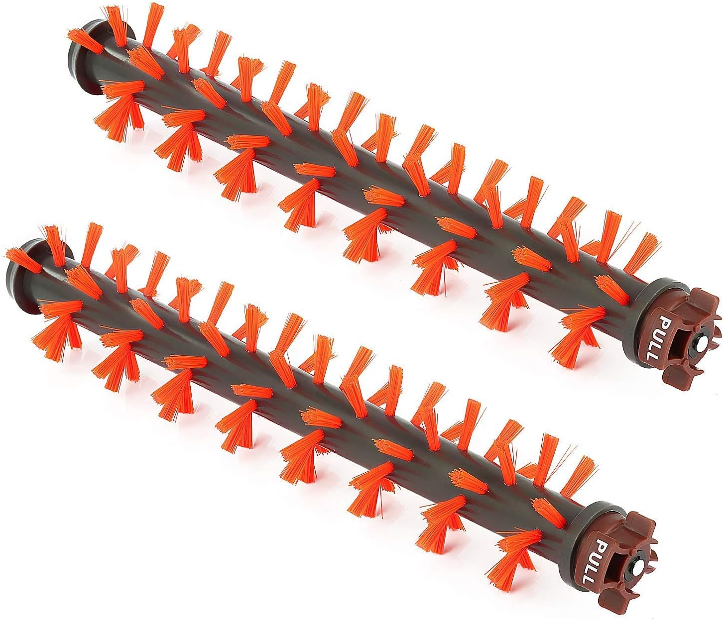 Zwei dunkelgraue Staubsaugerbürstenrollen mit orangefarbenen Borsten und braunen Enden mit der Aufschrift PULL.