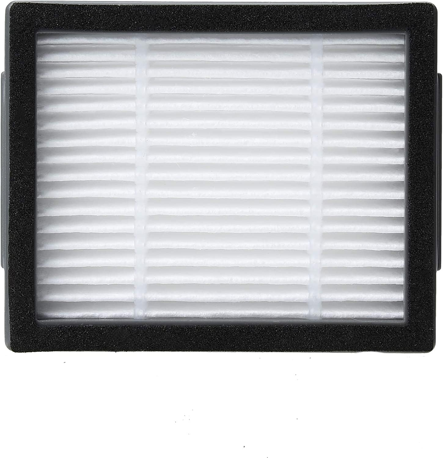 Ein rechteckiger weißer HEPA-Filter mit schwarzem Schaumstoffrahmen.